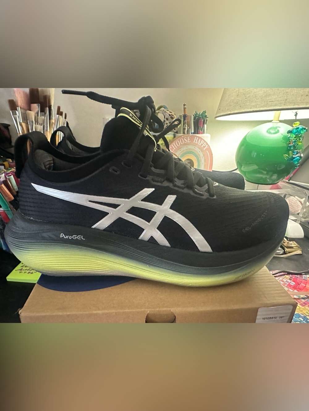 ASICS GEL NIMBUS 27 Luxe Woman’s Black Running Shoes Lime Gradient Sole 10.5